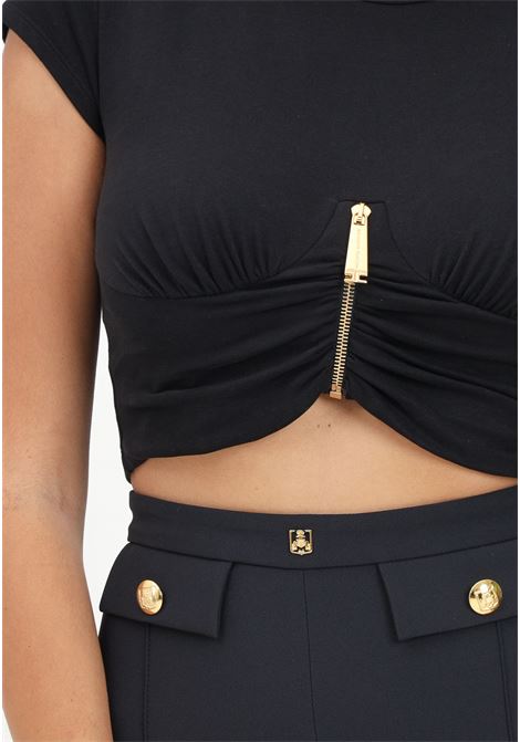 Women's black short-sleeved cropped t-shirt with zip ELISABETTA FRANCHI | MA00846E2110